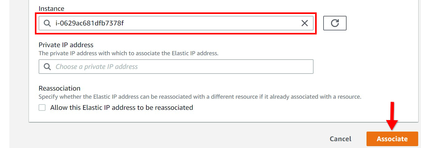 A screenshot of the aws ec2 associate button