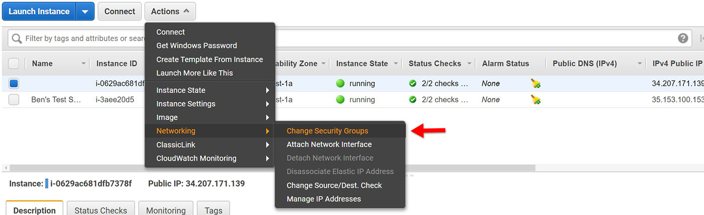 A screenshot of the aws ec2 actions networking dropdown