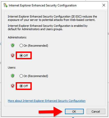 A screenshot of the windows server internet explorer security menu