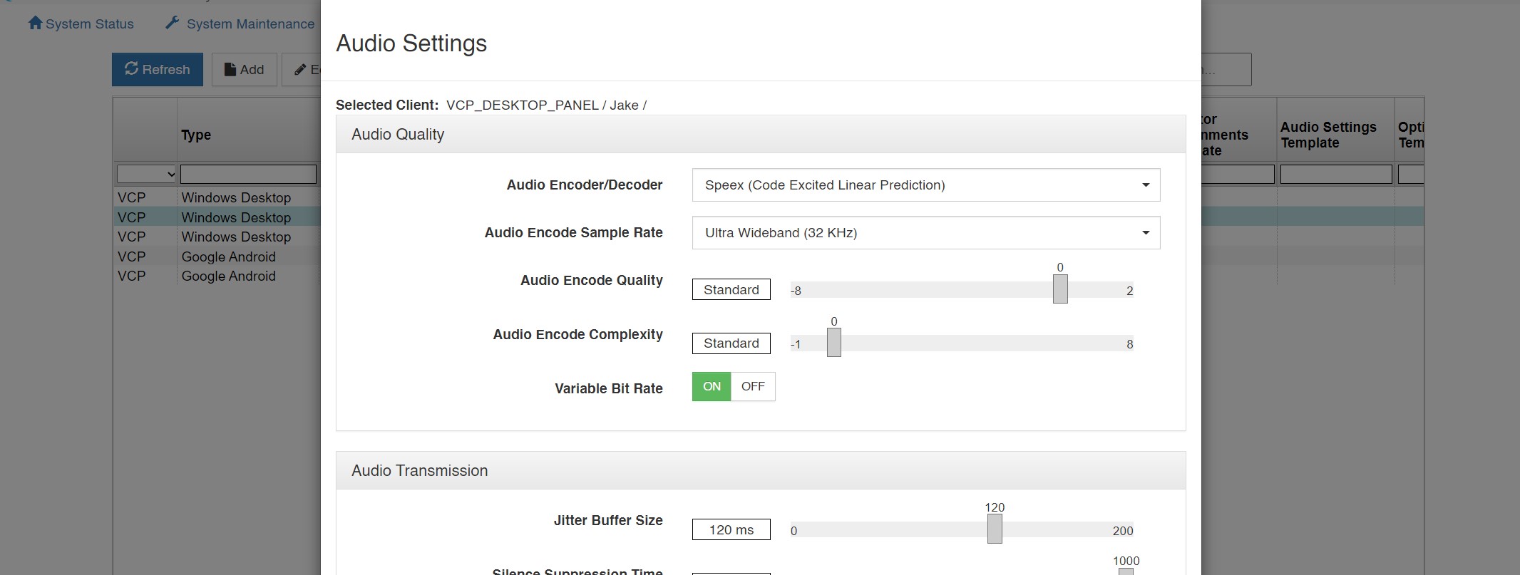 screenshot of vcom system administration client audio settings menu