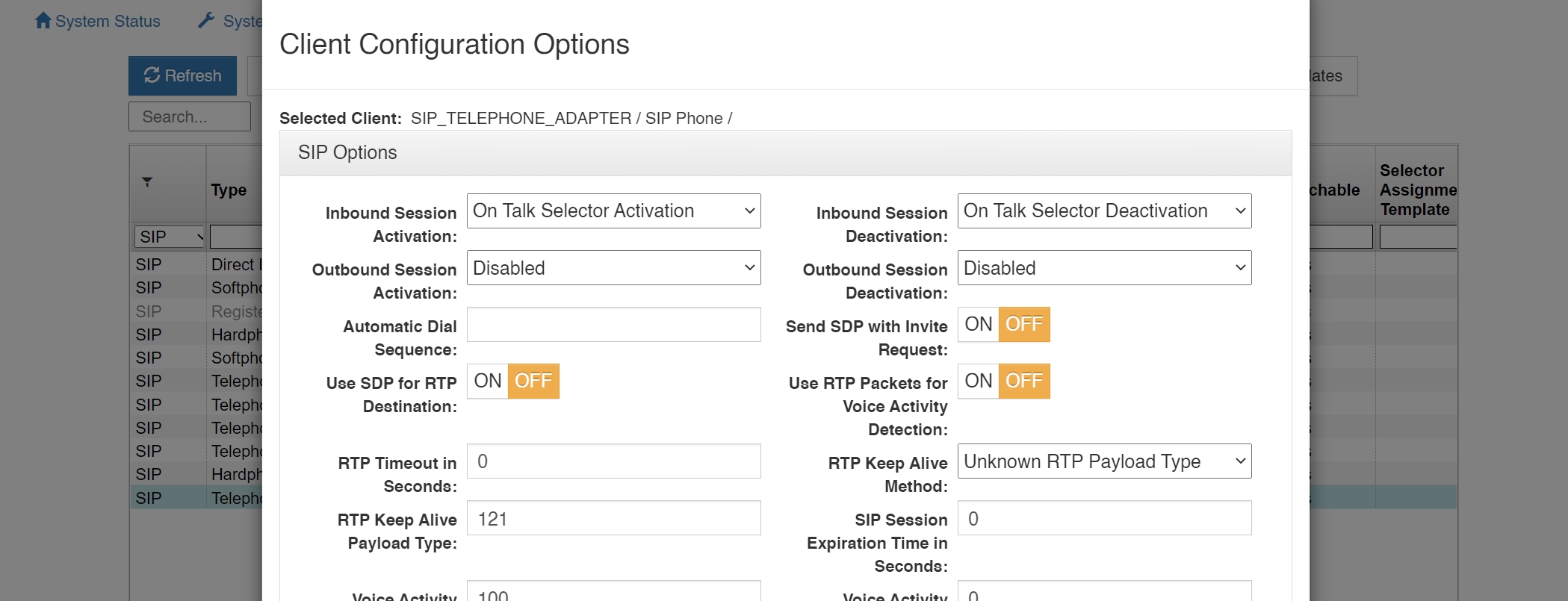 screenshot of vcom system administration sip client configuration options