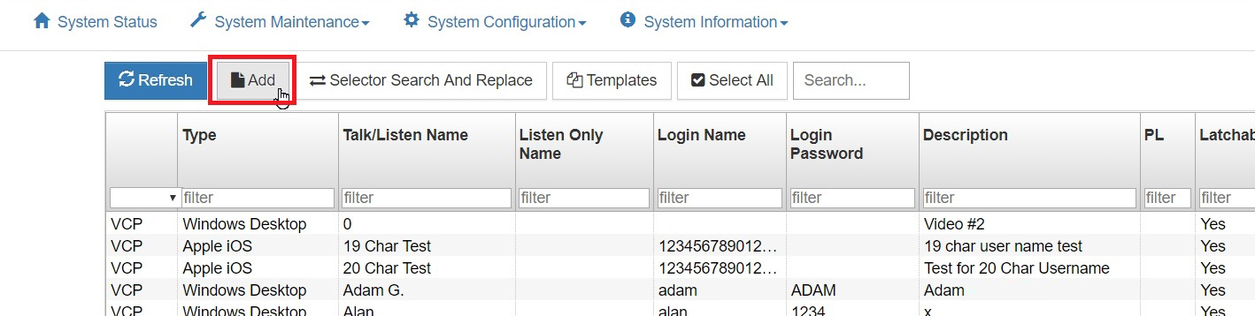 system administration add client button