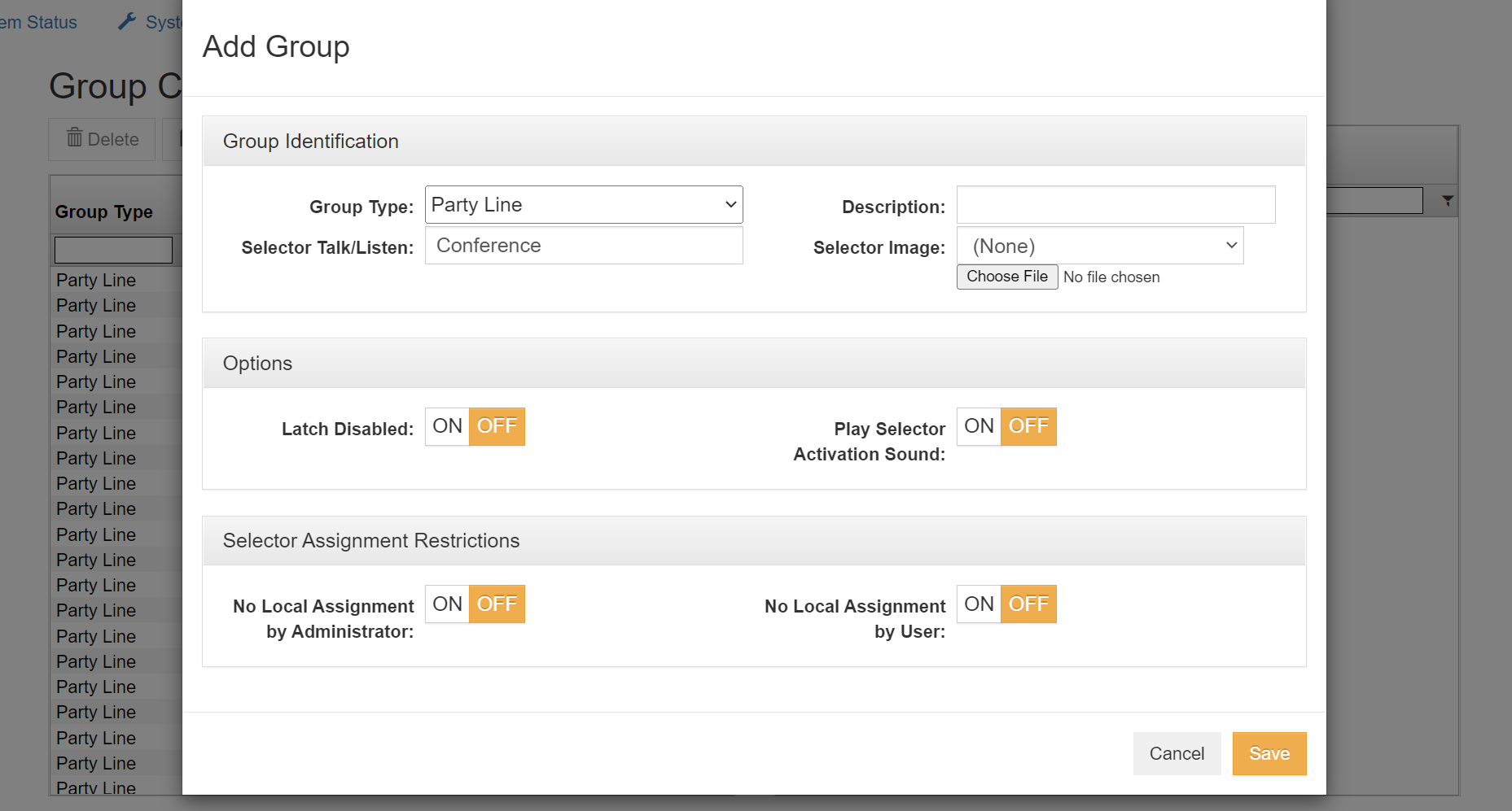 screenshot of vcom system administration add group menu