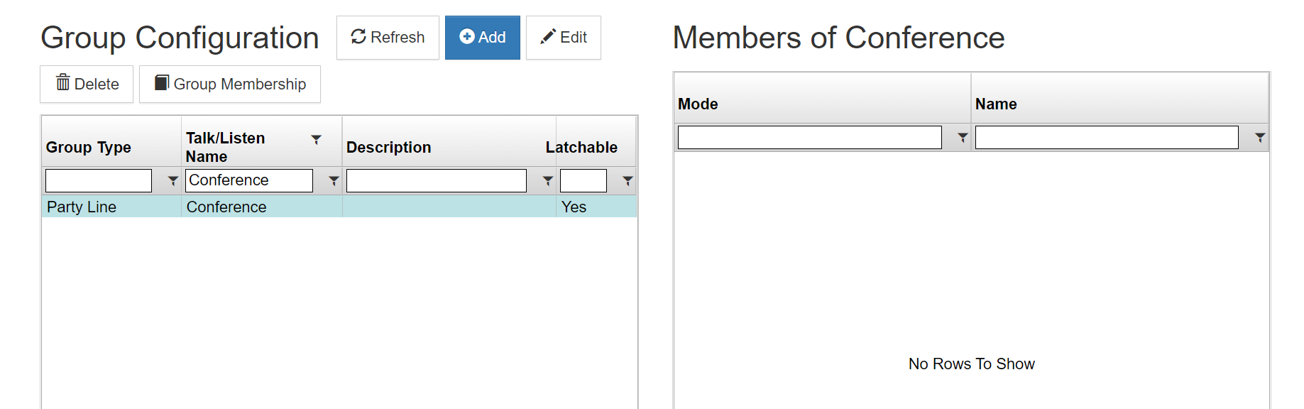 screenshot of vcom system administration group configuration menu