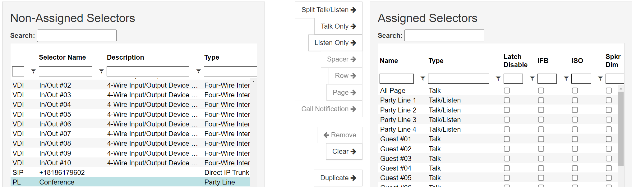 screenshot of vcom system administration selector assignments menu