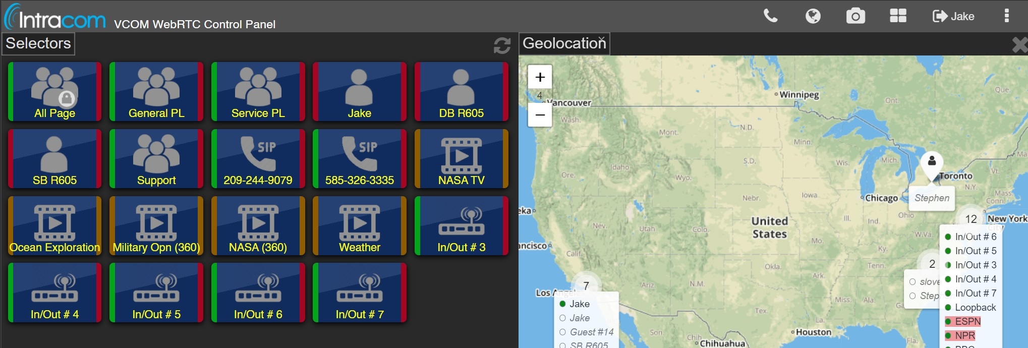 screenshot of vcom webrtc control panel geolocation shown