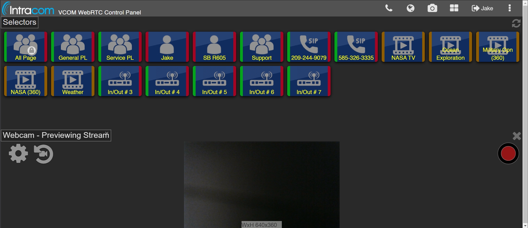 screenshot of vcom webrtc control panel with video streaming menu shown