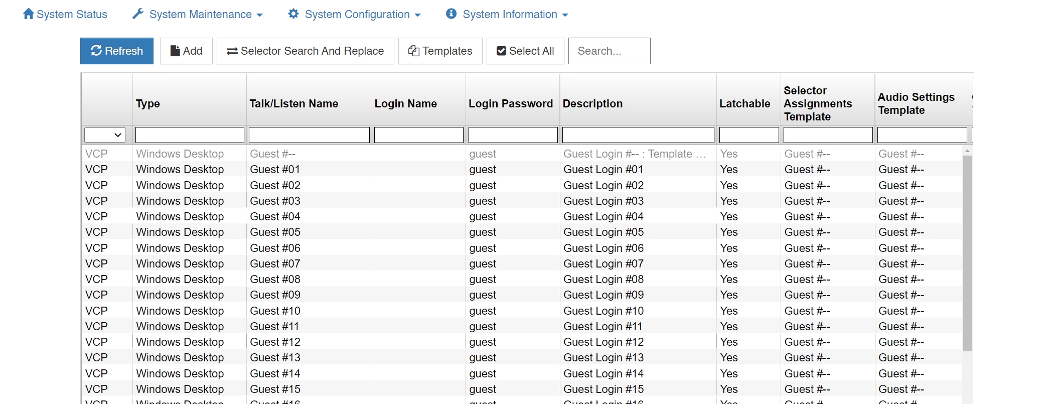 screenshot of vcom system administration client configuration menu