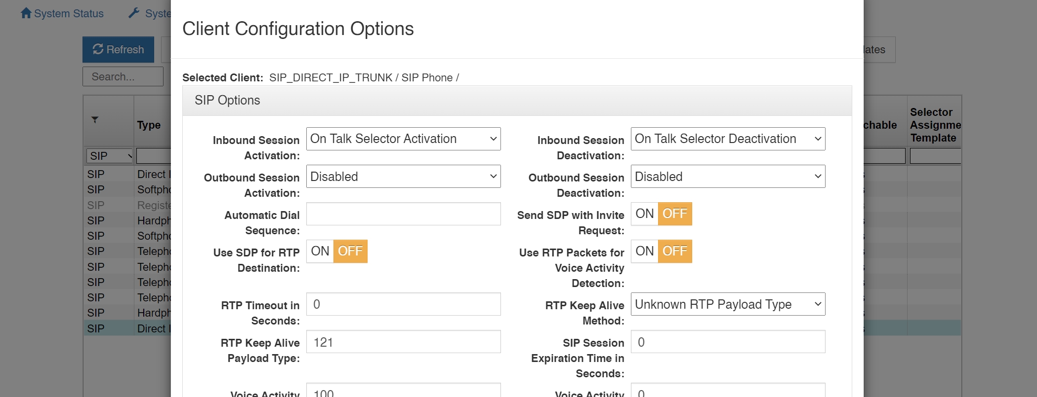 screenshot of vcom system administration client sip trunk configuration options