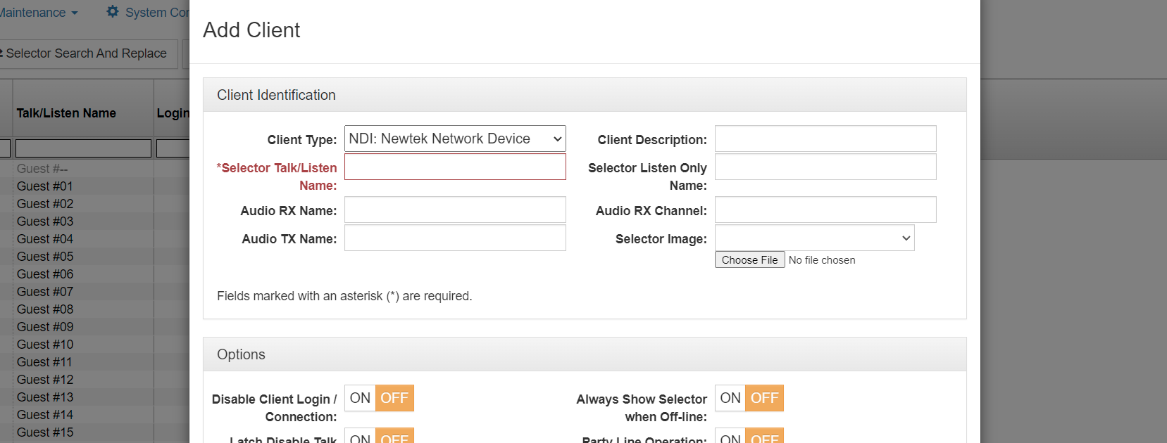 screenshot of vcom system administration showing add client menu