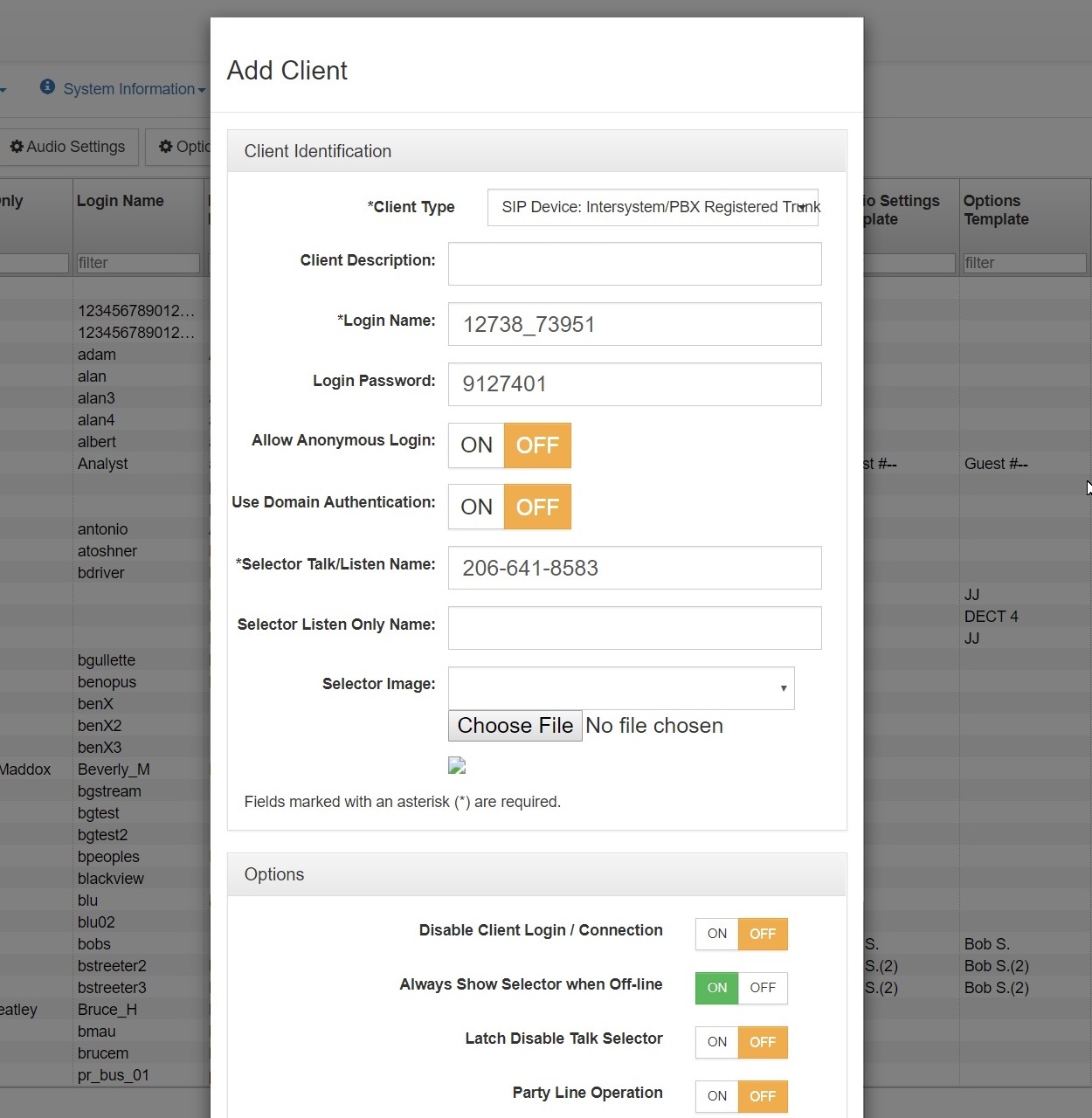 system administration add client modal