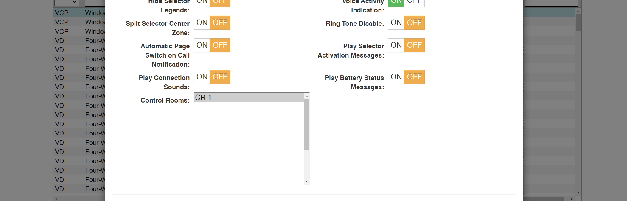 screenshot of the vcom client options