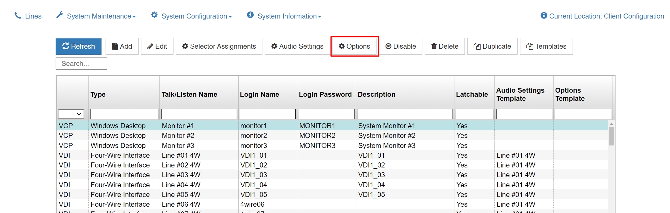 screenshot of the vcom client options button