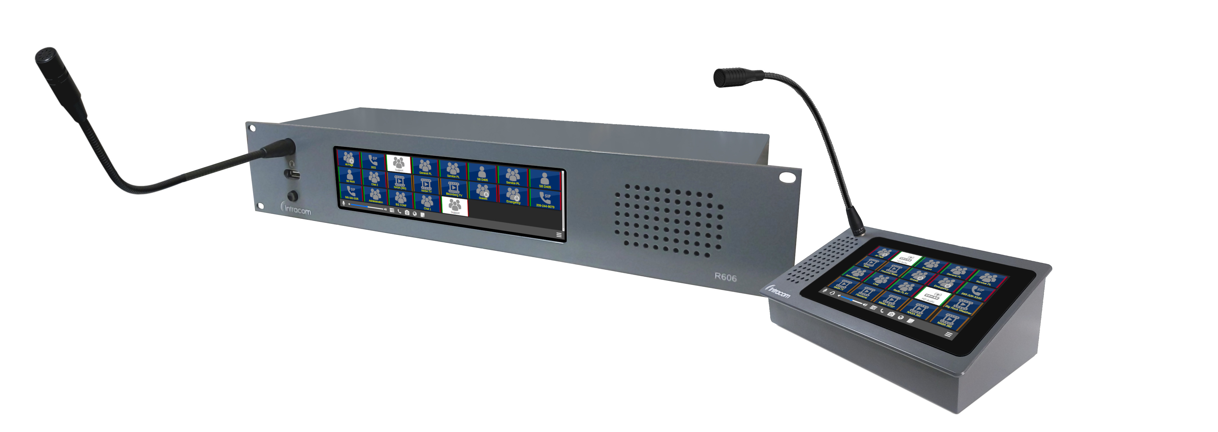 vcom hardware control panels with touchscreen and gooseneck microphone
