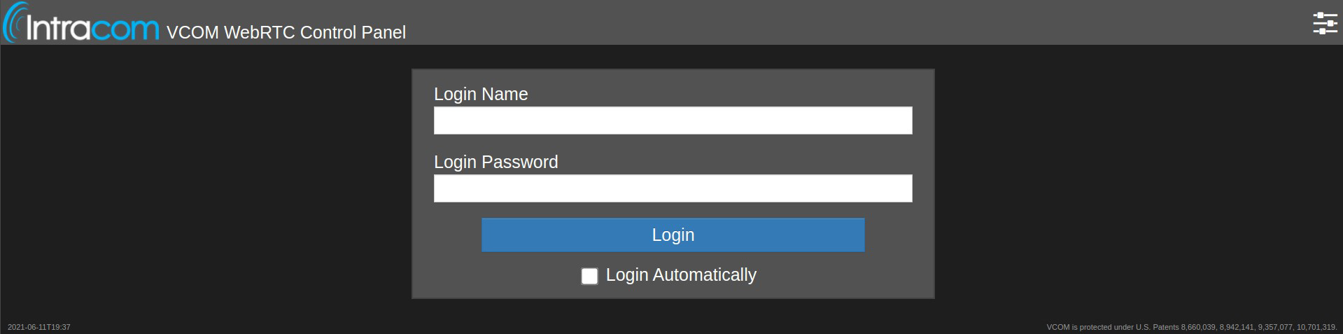 screenshot of vcom control panel login menu