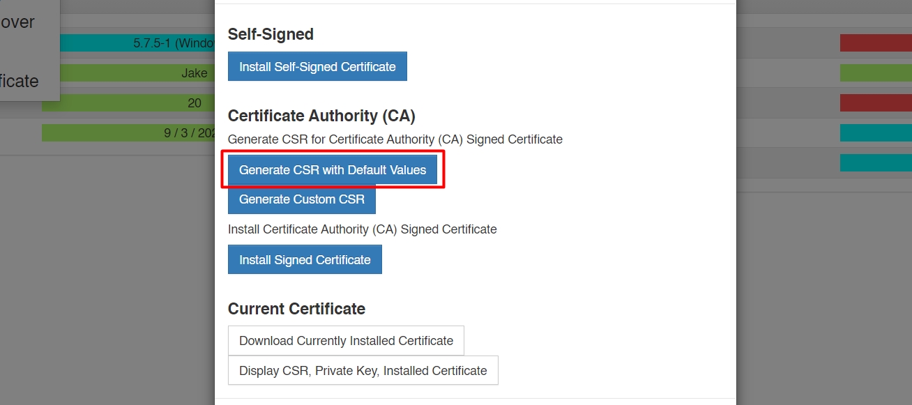 screenshot of vcom ssl certificate menu