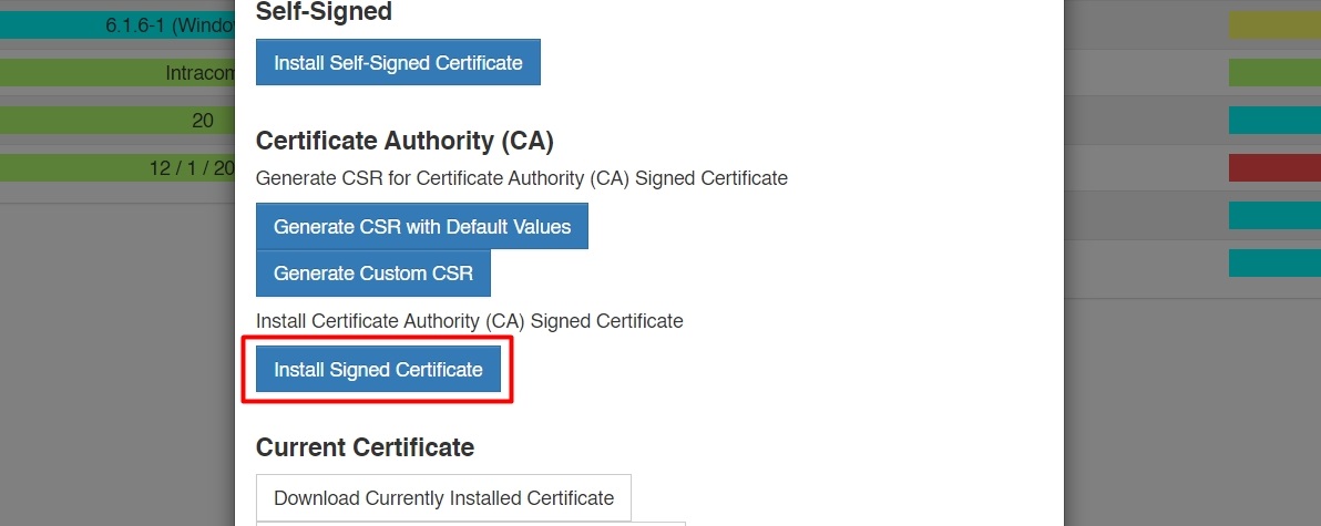 screenshot of vcom ssl certificate menu showing install signed certificate button