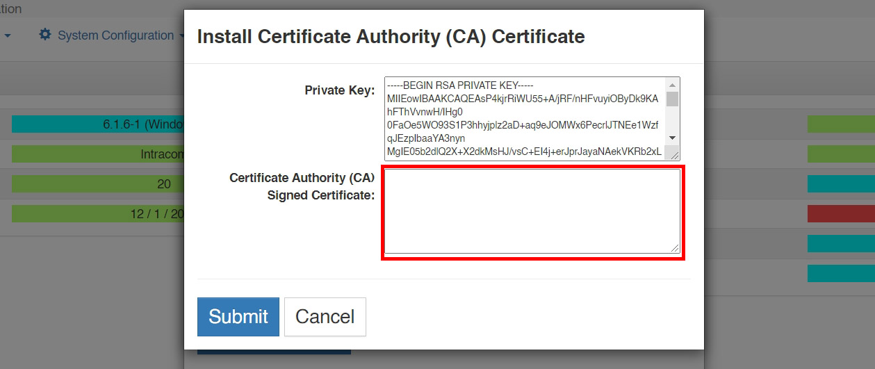 screenshot of vcom install certificate authority certificate menu