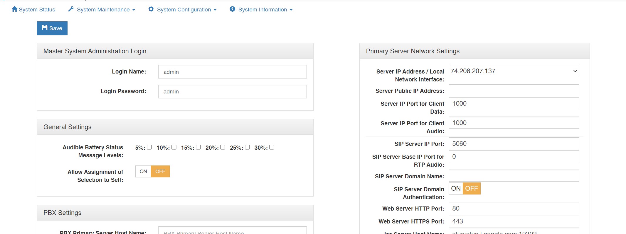 screenshot of vcom system administration system settings menu