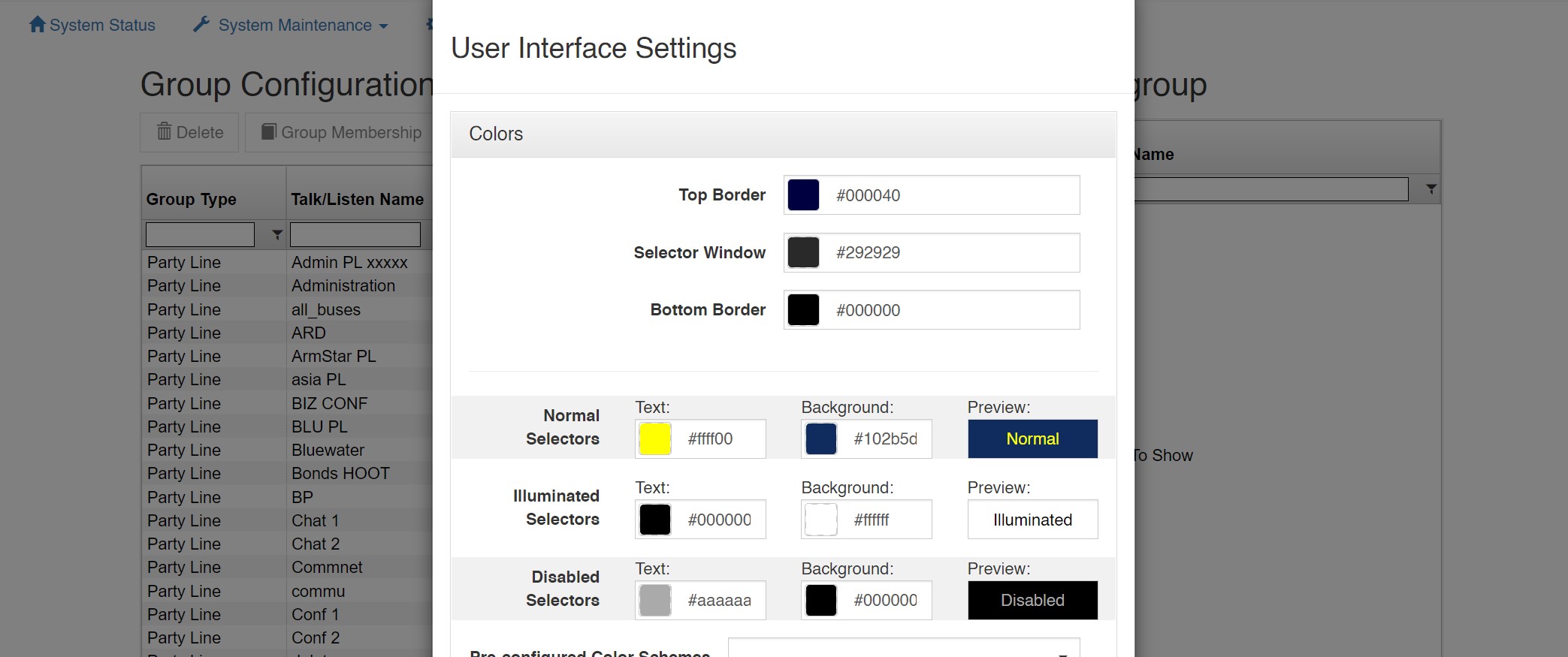 screenshot of vcom system administration user interface settings menu