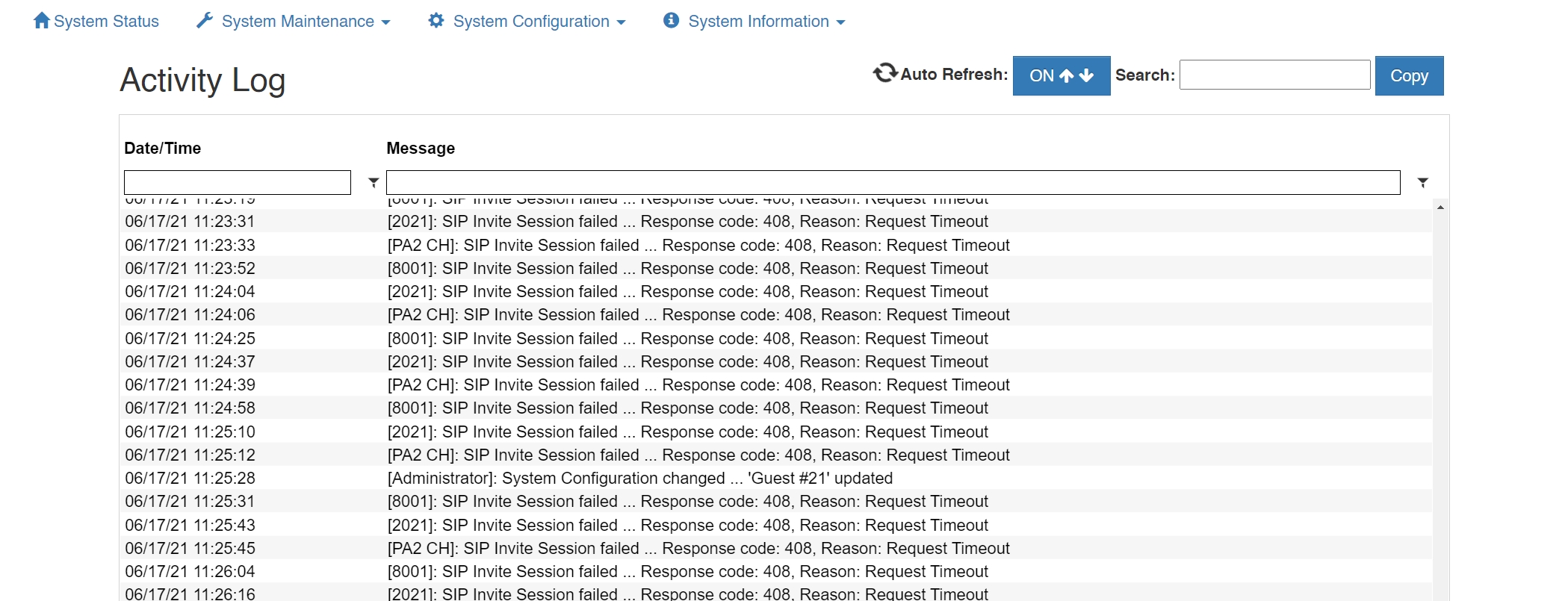 screenshot of vcom system administration activity log