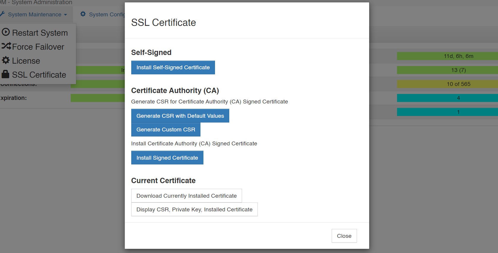 screenshot of vcom system administration ssl certificate menu