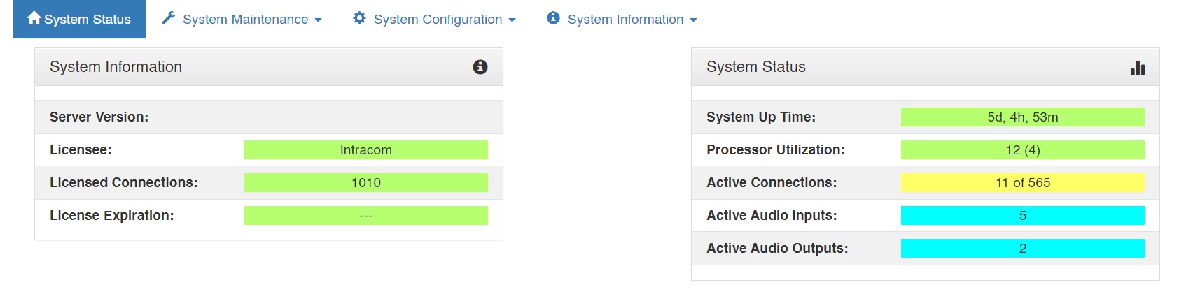 screenshot of vcom system administration system status menu